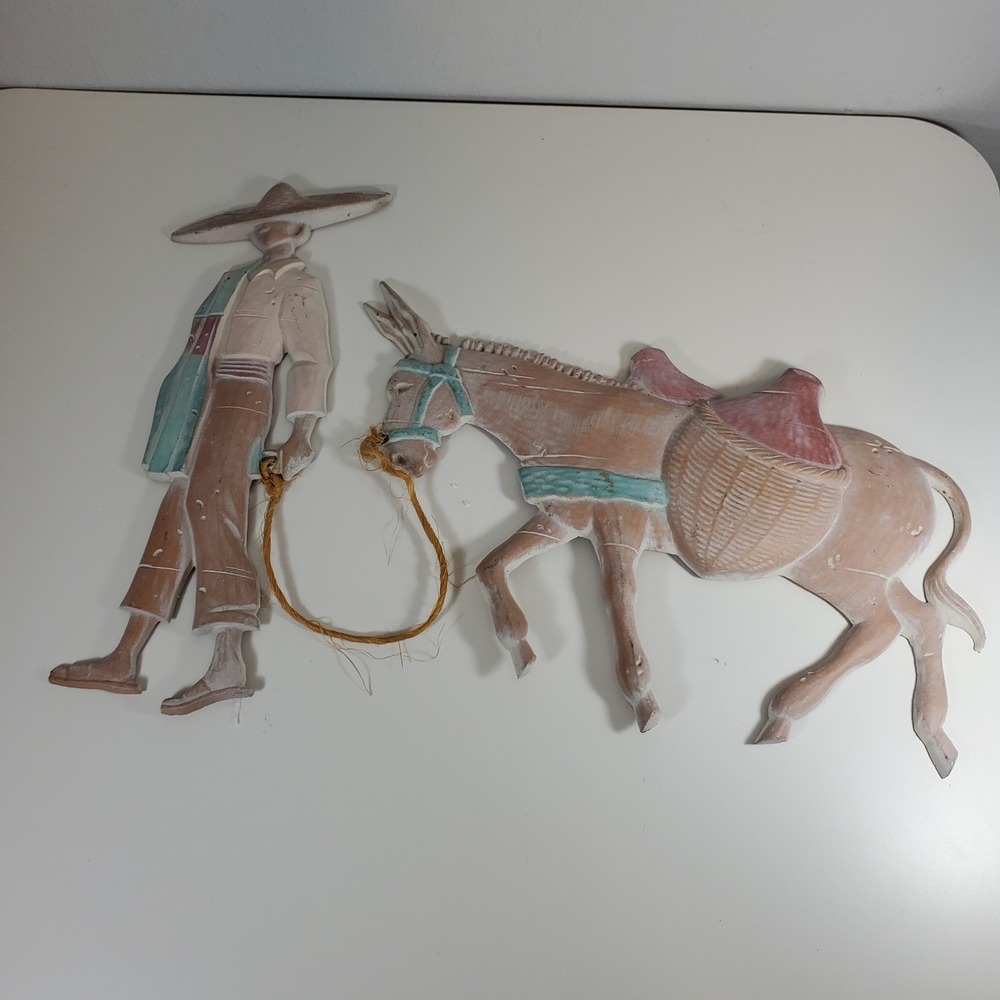 Vintage Southwestern Mexican Cast Iron Man Sombrero & Donkey Burro Wall Decor